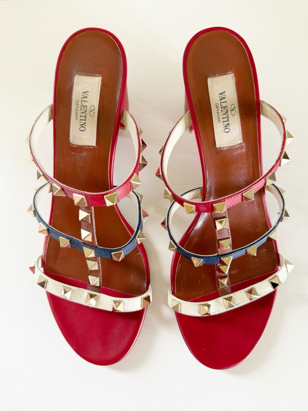 Valentino Garavani Rockstud Red White Blue Leather Sandals Block Heels EU 39 - Picture 5 of 12